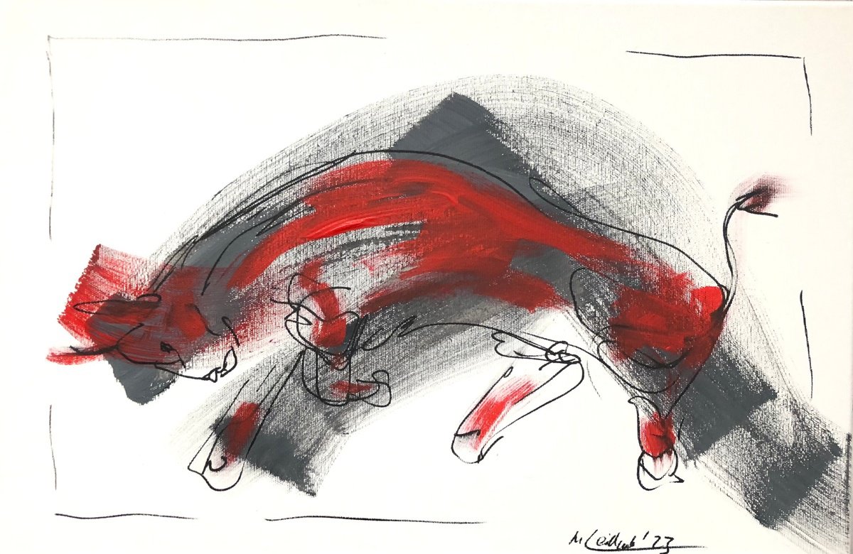 Expressive Animal Acrylic Painting By Nicole Leidenfrost, 24 X 16", Roter Stier, Unbezahmbar, Original Artwork