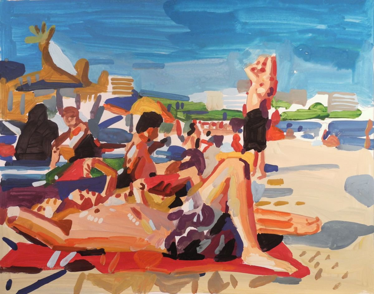 Expressive Portrait Painting By Stephen Abela, 23 X 17", Beach Scene - Magaluf, Original Artwork