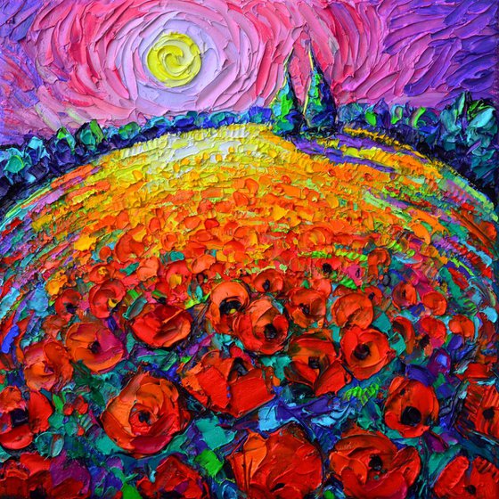 TUSCANY POPPIES ROUNDSCAPE SUNRISE textural impressionist impasto palette knife oil painting by Ana Maria Edulescu