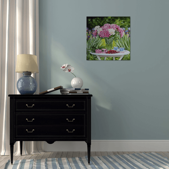 Peonies and Cherries in the Garden