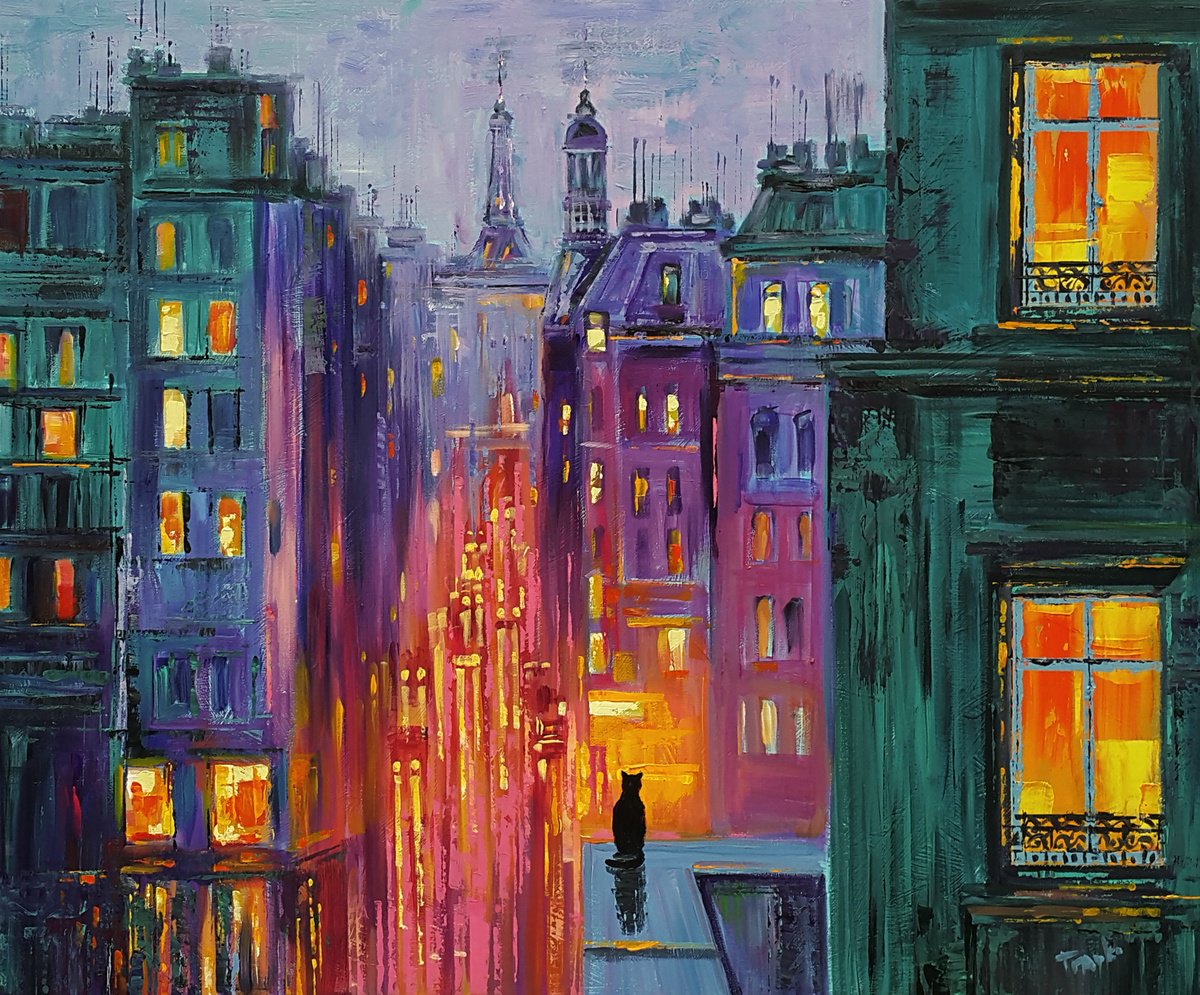  City Cat And Night Lights By Trayko Popov, 39 X 31, Artwork For Sale On Artfinder