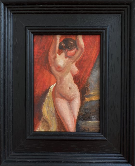 Old Master style female nude figure oil painting, with wooden frame.