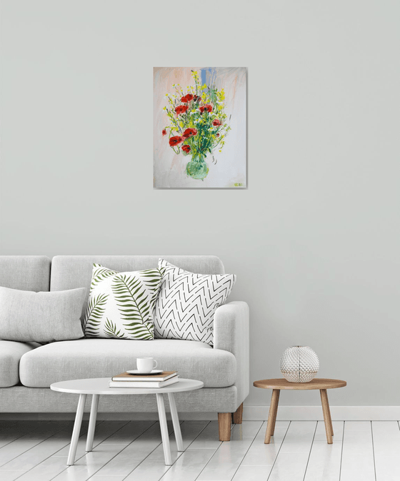 Poppies and camomiles. Summer bouquet in a studio. Bright colors medium size interior abstract flowers red yellow tender