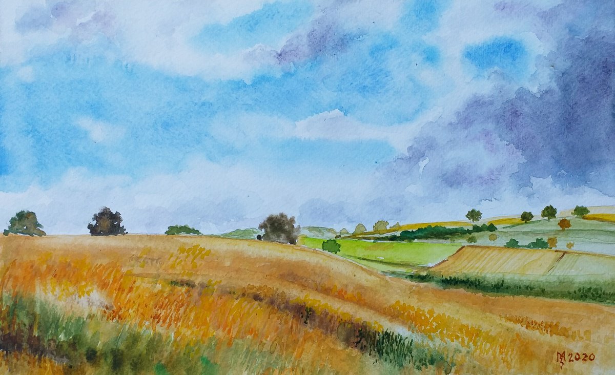 Impressionistic Landscape Watercolour By Zoran Mihajlovic Muza, 11 X 7", Golden Field, Original Artwork