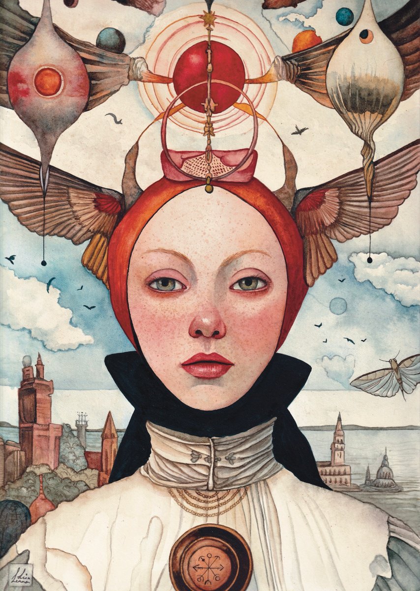 Surrealistic Portrait Watercolour By Lisa Lennon, 9 X 13", Search For The Entrance Stone, Original Artwork