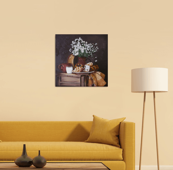 Rural still life, Pastries and White flowers