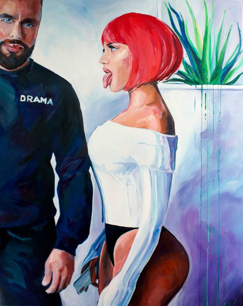 DRAMA - original oil painting, pink, white, pop art, office art, home decor, gift idea, hot girl, man, love, deep blue by Sasha Robinson