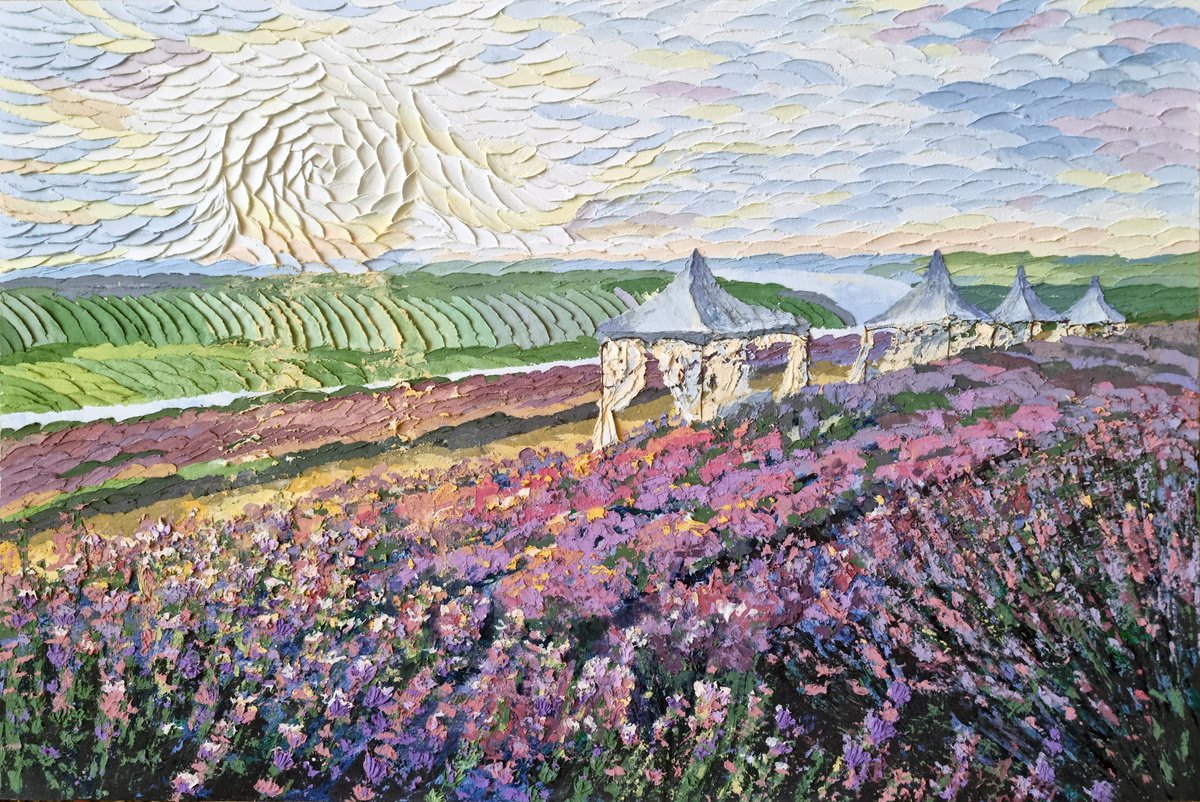 Impressionistic Landscape Painting By Irina Stepanova, 24 X 16, Lavender Field At Sunset, Original Artwork