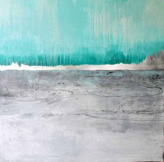 "Lake" Abstract teal blue silver acrylic art