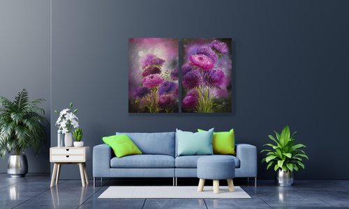 Asters   flowers, multi-panelled, original oil painting on canvas. by Tetiana Tiplova