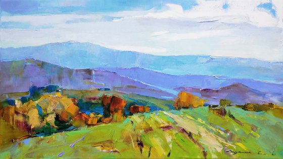 Sunny day . Mountain fields . Original oil painting