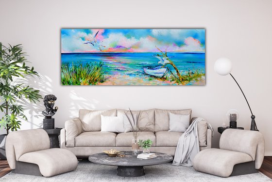 Boat and Seagulls on Seashore
