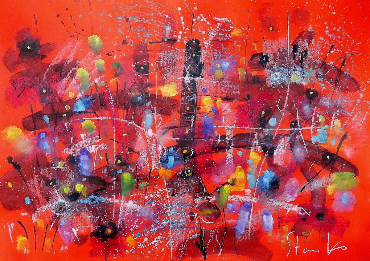 Abstract Acrylic Painting By Stanislav Bojankov, 36 X 26", Landscaping On Jazz-Xxxix, Original Artwork