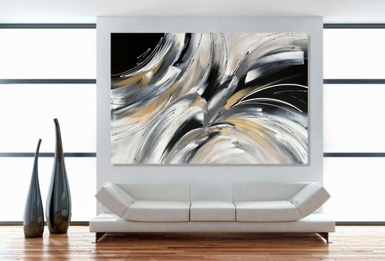 Wild and Free - XL LARGE;  GOLD, BLACK & WHITE ART; MODERN ABSTRACT ART – EXPRESSIONS OF ENERGY AND LIGHT. READY TO HANG!