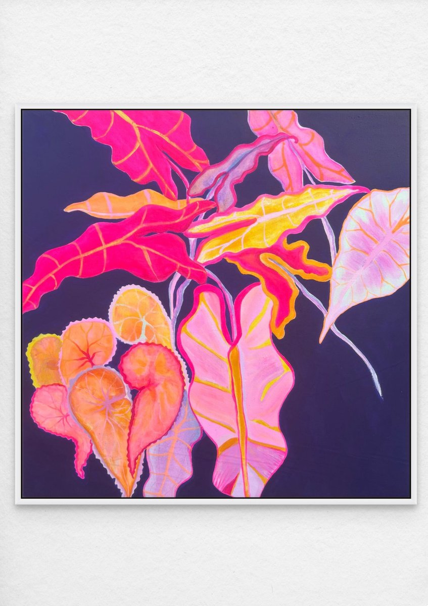 Organic Botanical Acrylic Painting By Kathryn Sillince, 29 X 29", Begonia, Alocasia Still Life, Original Artwork