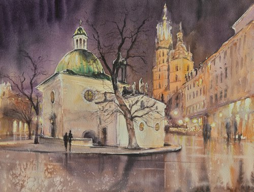 Krakow at night. Church of St. Adalbert. by Eve Mazur