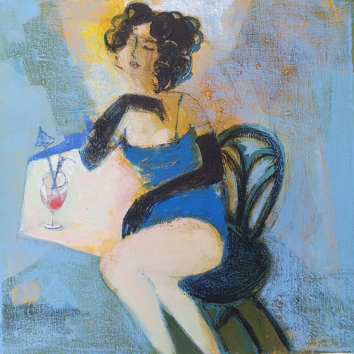 Impressionistic Portrait Oil Painting By Victoria Cozmolici, 16 X 16", Cocktail, Original Artwork