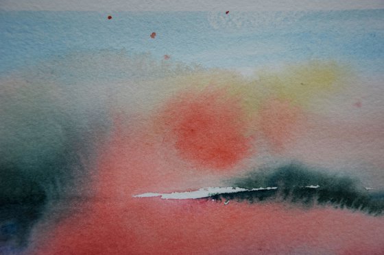 Abstract landscape painting, original watercolor painting, abstract red wall art