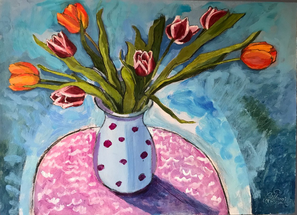 Expressive Botanical Acrylic Painting By Christine Callum Mcinally, 22 X 17, Orange And Pink Tulips, Original Artwork