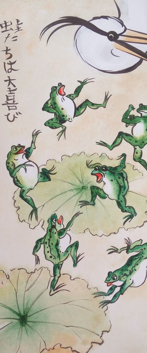 AN INTERRUPTED PARTY six frogs by Olga Beliaeva Watercolour
