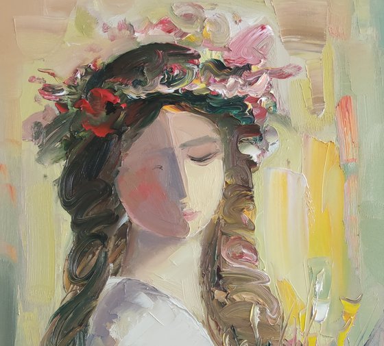Girl with flowers 40x60cm ,oil/canvas, abstract portrait