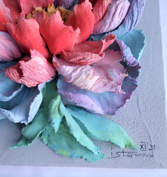Flower panel rainbow peony 1. Small ceramic sculpture 3d flower with red and blue petals. Colourful peony botanical bas- relief  - Xmas gift, 17x17x4 cm