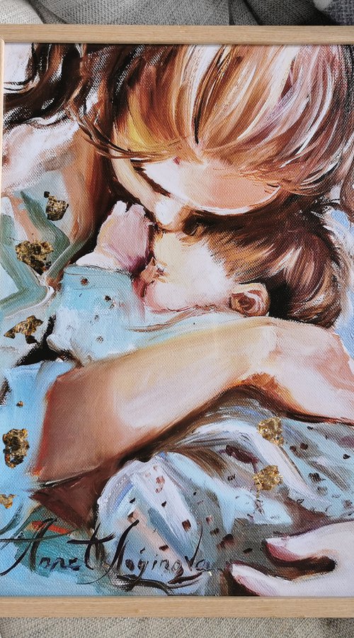 Hugs painting, Framed wall Print, Baby Hugs, Motherhood painting by Annet Loginova