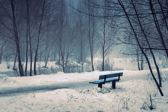 Blue bench.