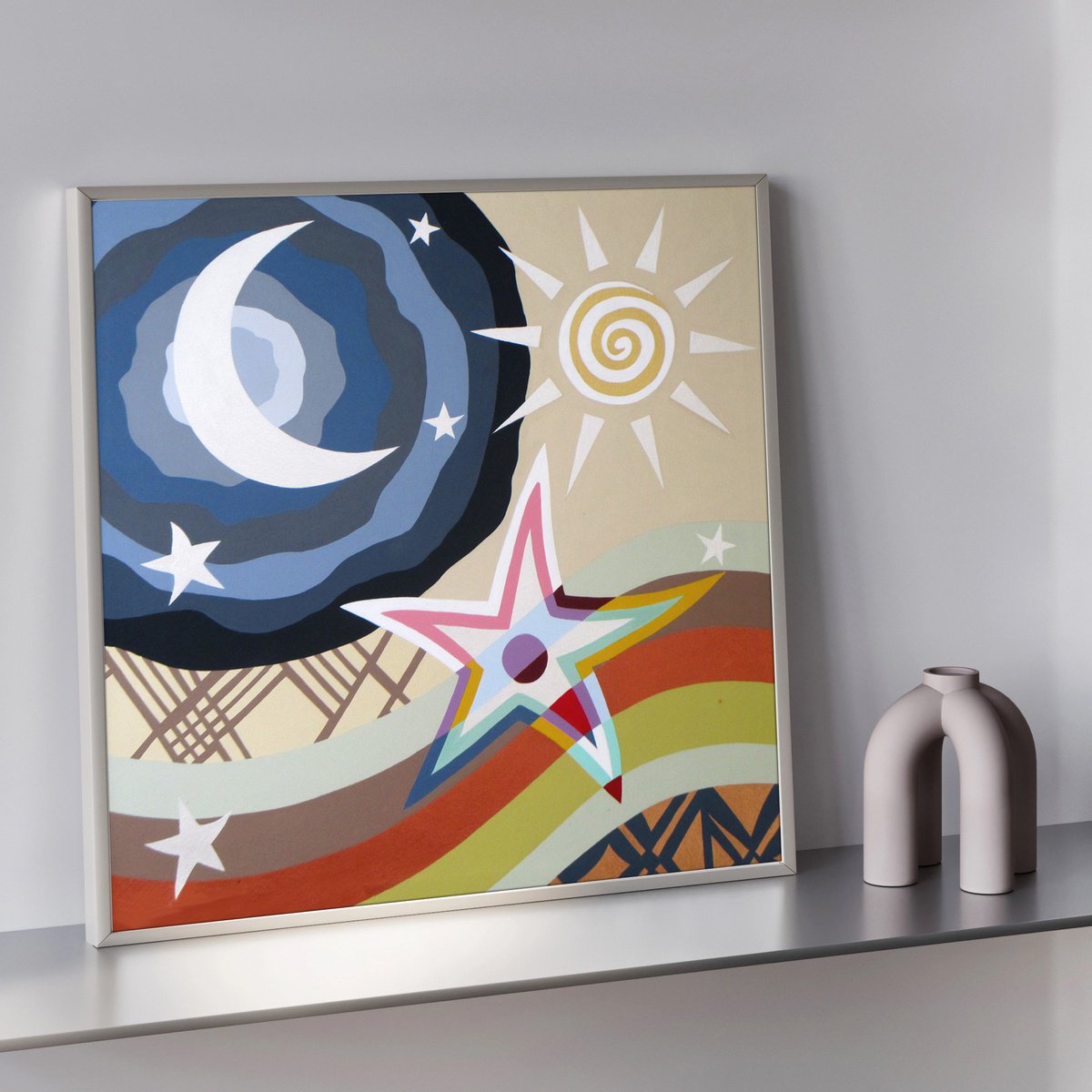 Geometric Landscape Acrylic Painting By Lanre Adefioye, 24 X 24", Celestial Patience, Original Artwork