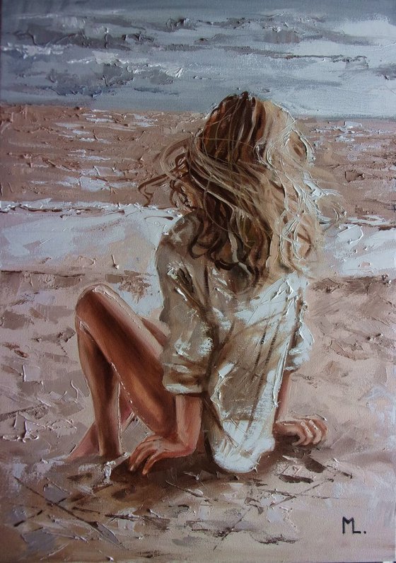 " MY PLACE ... "- 70x50 GIRL SEA liGHt  ORIGINAL OIL PAINTING, GIFT, PALETTE KNIFE