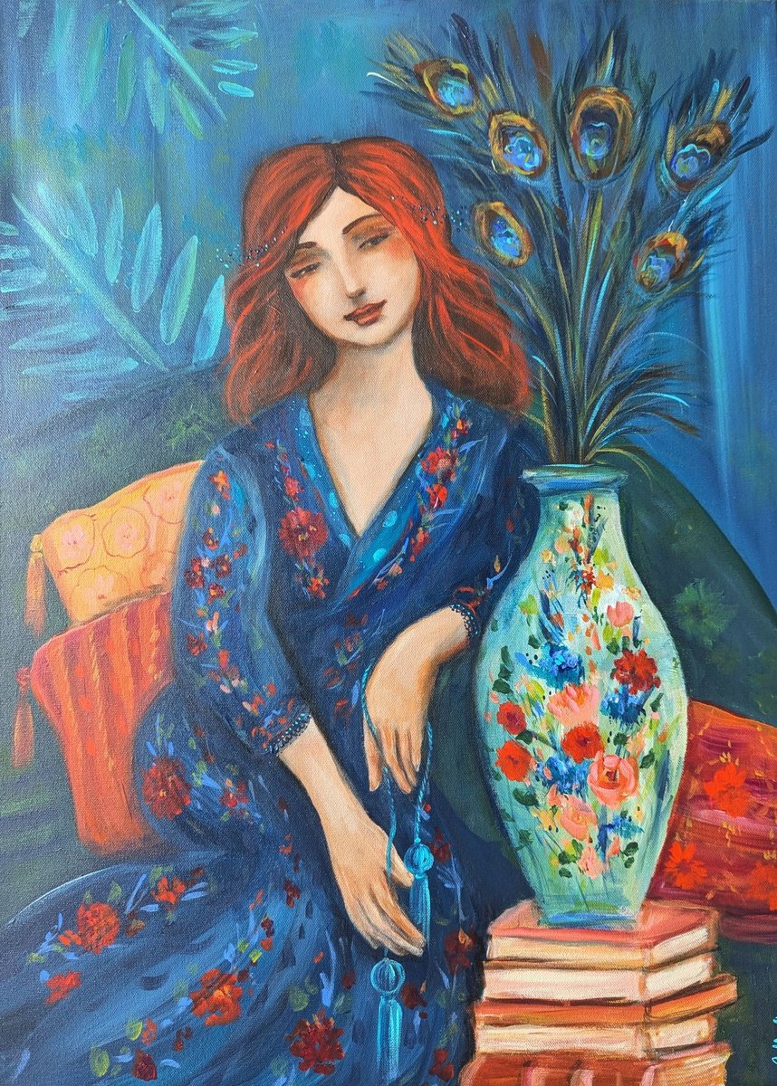 Illustrative Portrait Acrylic Painting By Loetitia Pillault, 20 X 28", Blue Reverie., Original Artwork