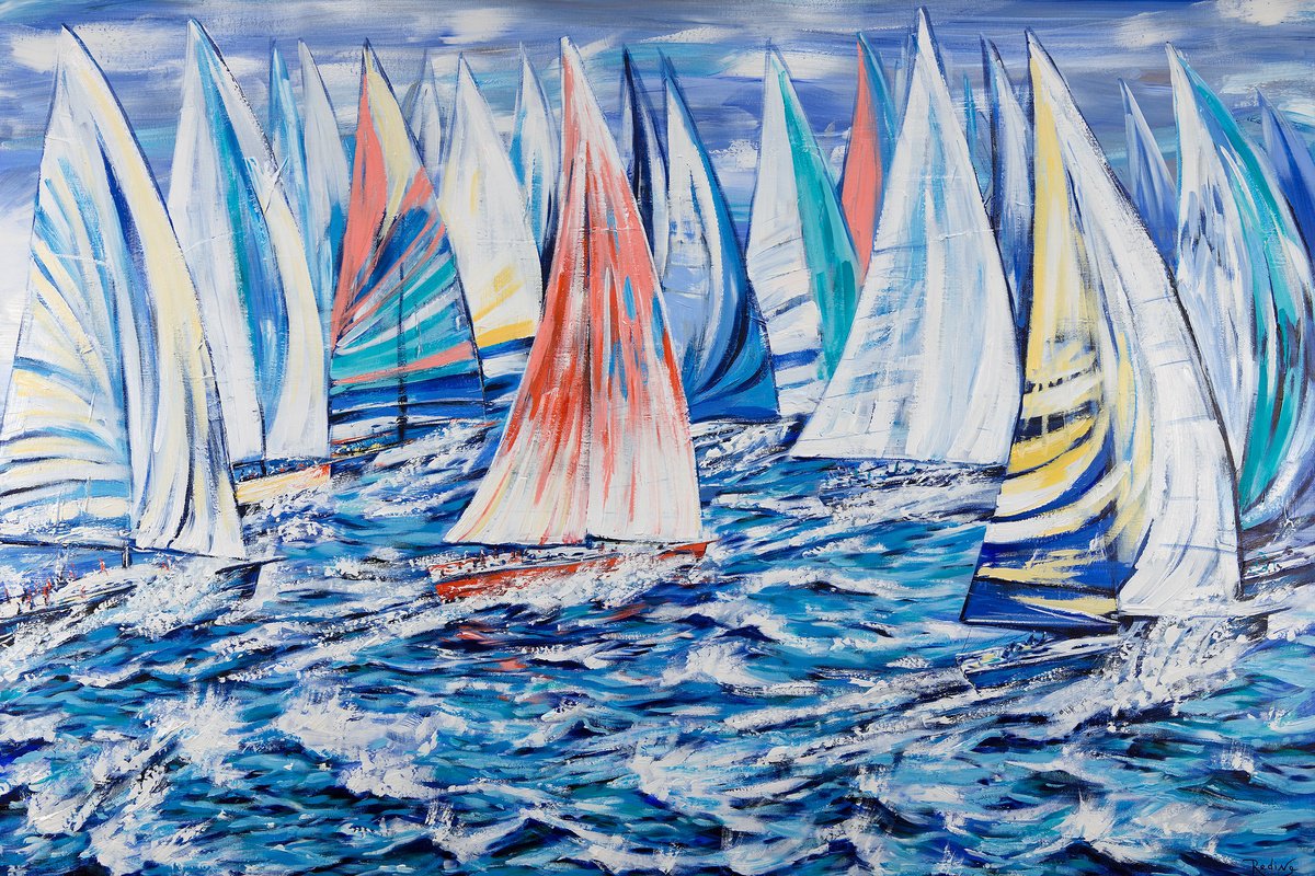 Impressionistic Landscape Acrylic Painting By Irina Redine, 72 X 48, Ocean Regatta, Original Artwork