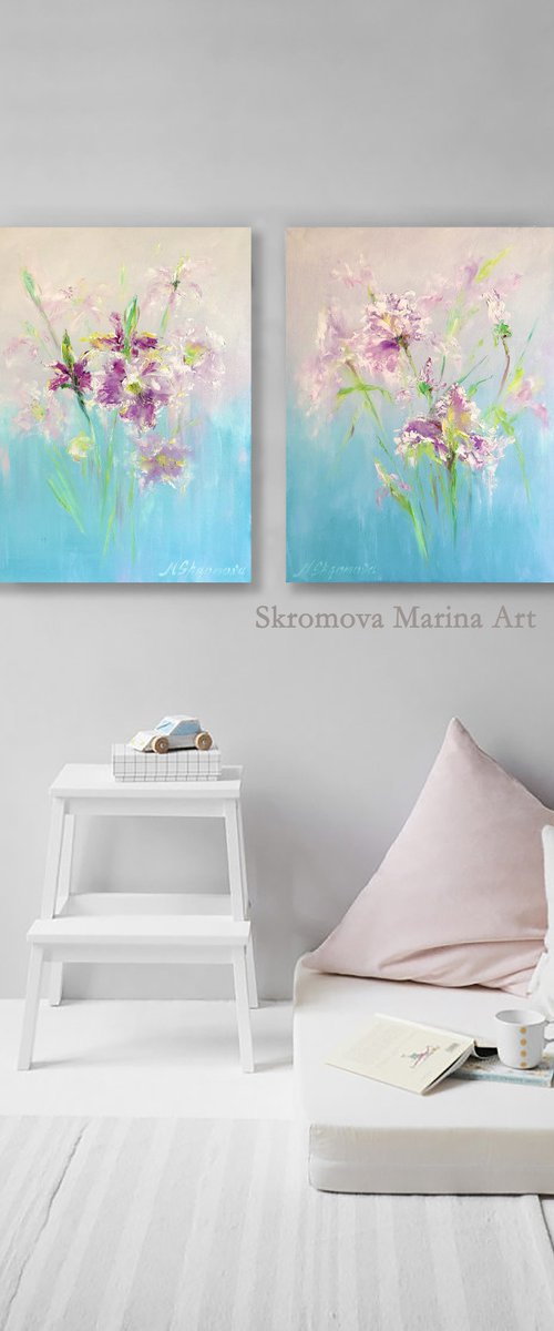 A GENTLE COUPLE- Lilies. Irises. Diptych. Flower couple. Blue canvases. Pastel colors. Heavenly color. White flowers. Abstract flowers. Abstraction. by Marina Skromova