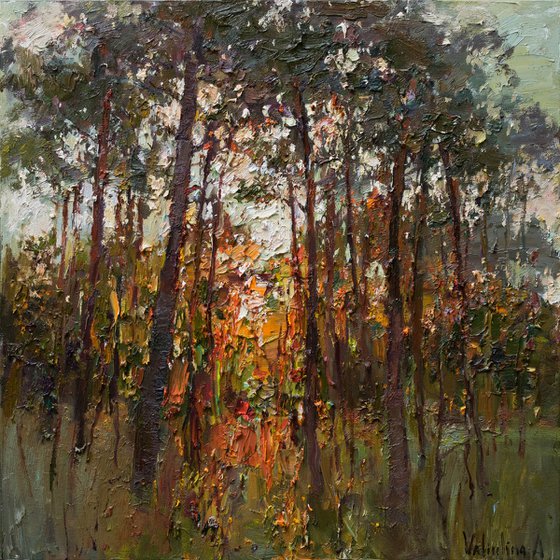 Autumn forest at sunset  Landscape painting