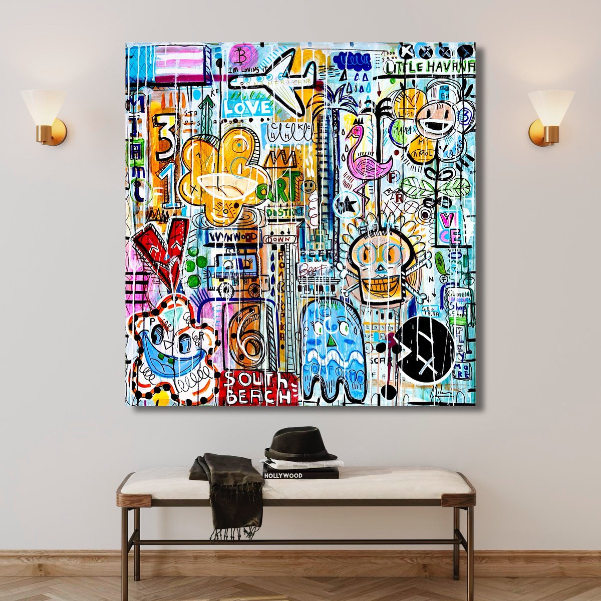 Urban And Pop Landscape Acrylic Painting By Mercedes Lagunas, 37 X 39", Miami Me Lo Confirmo, Original Artwork