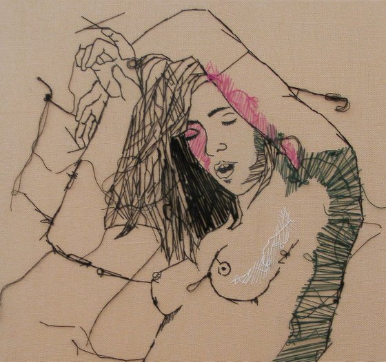 Embroidered Female Nude Figure Study Green And Pink