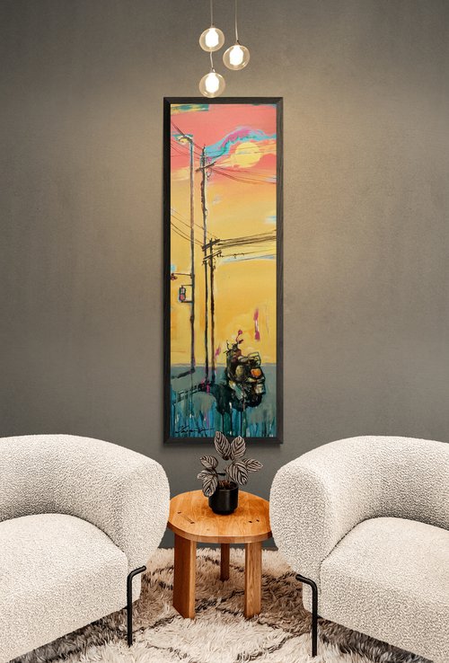 Bright vertical painting - "Sunset in city" - Sunrise - Pop Art - Moped - Expressionism by Yaroslav Yasenev