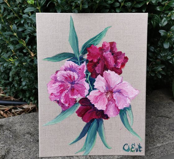 Oleander. 18x24 cm. Vintage floral painting. Plein-air. Oleandro. Pittura floreale vintage