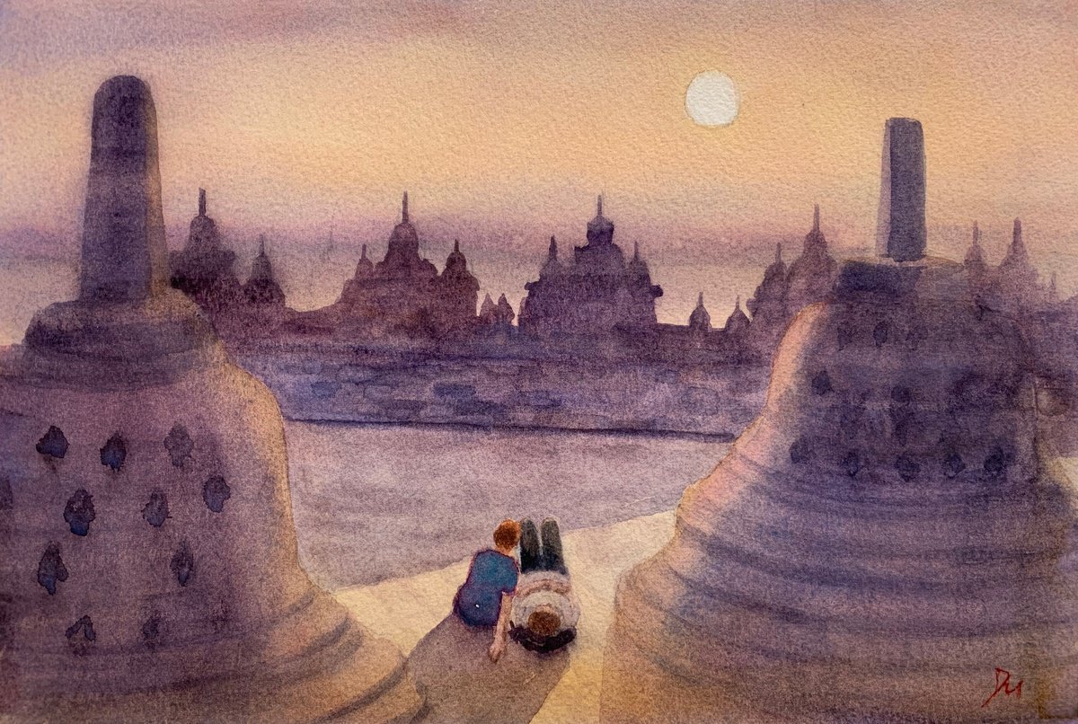 Impressionistic Cityscapes Watercolour By Shelly Du, 12 X 8", Love At Borobudur, Original Artwork