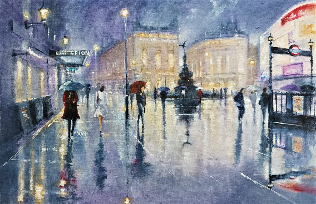 Impressionistic Cityscapes Acrylic Painting By Alan Harris, 24 X 16, Evening Rain Piccadilly, Original Artwork