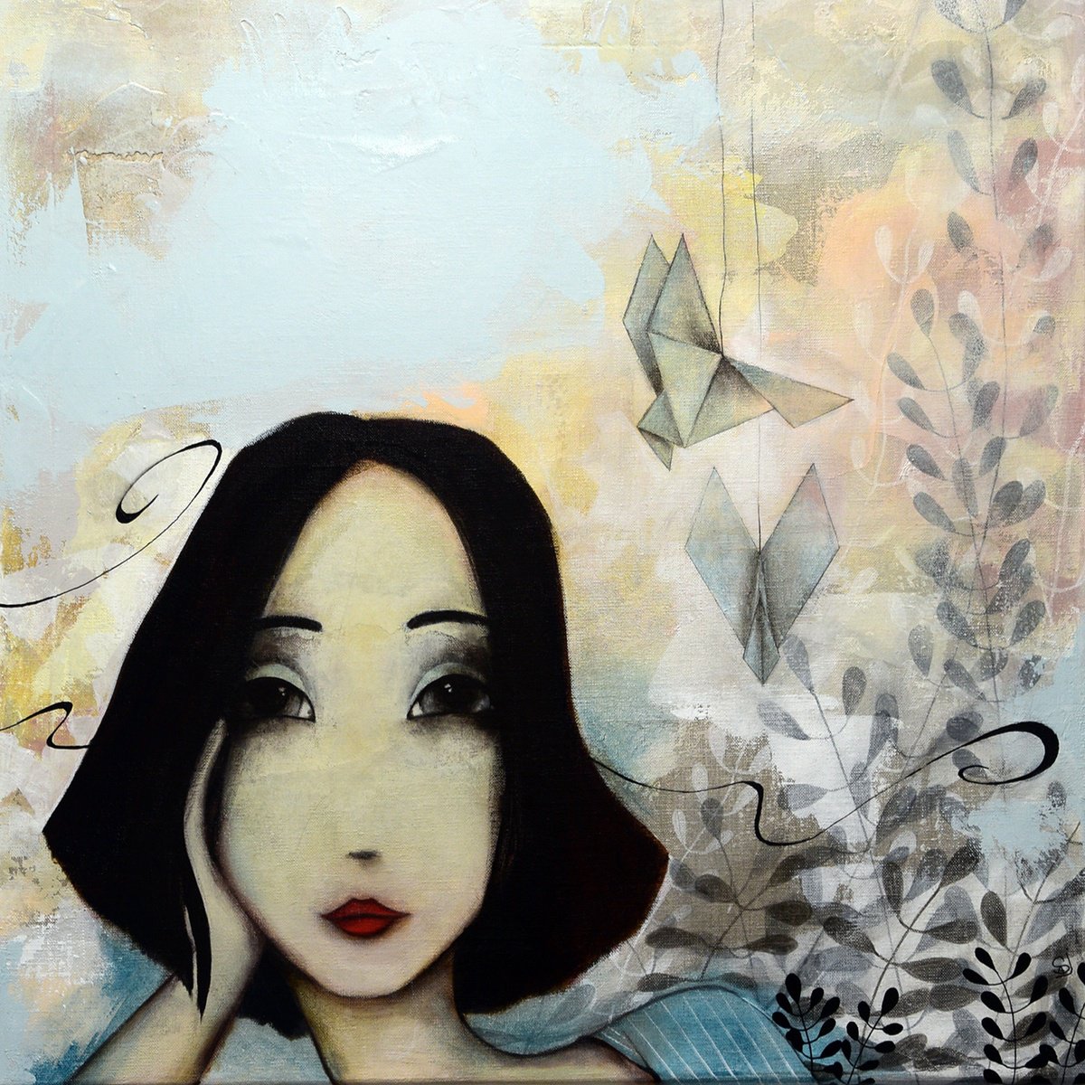 Illustrative Portrait Acrylic Painting By Armandine Js, 24 X 24, Paper Love, Original Artwork