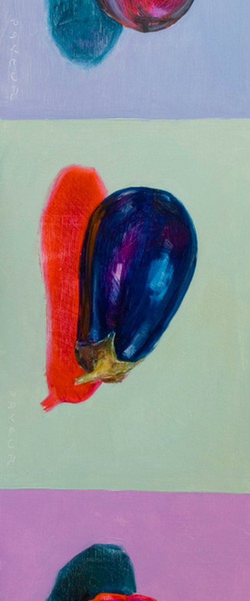 gift for food lovers: modern triptic, still life of psychedelic eggplants and pepper by Olivier Payeur