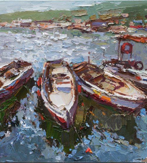Boats  - Original impasto oil painting by Anastasiia Valiulina