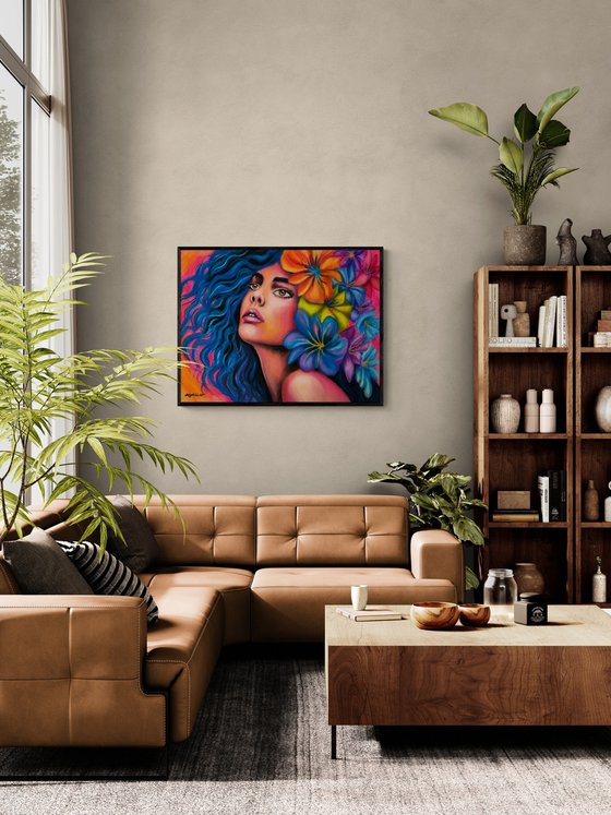 Surreal Floral Goddess - Oil Pastel Portrait