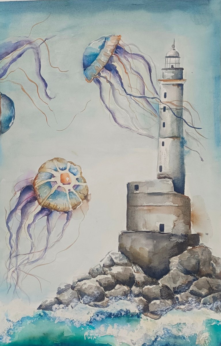 Surrealistic Landscape Watercolour By Evgenia Smirnova, 15 X 22, Among The Jelly Fishes, Original Artwork