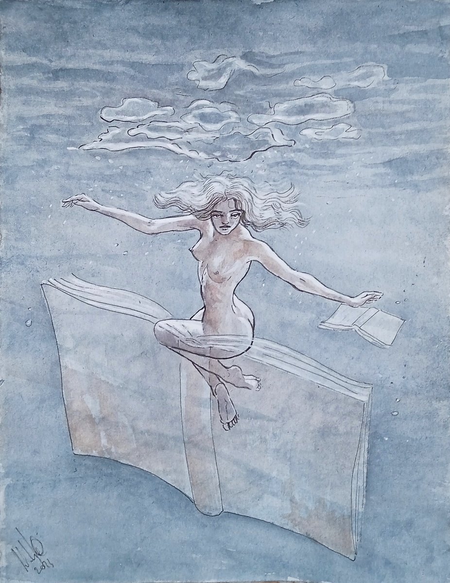 Illustrative Portrait Ink Drawing By Paolo Beneforti, 8 X 10", Underwater Reading 2, Original Artwork