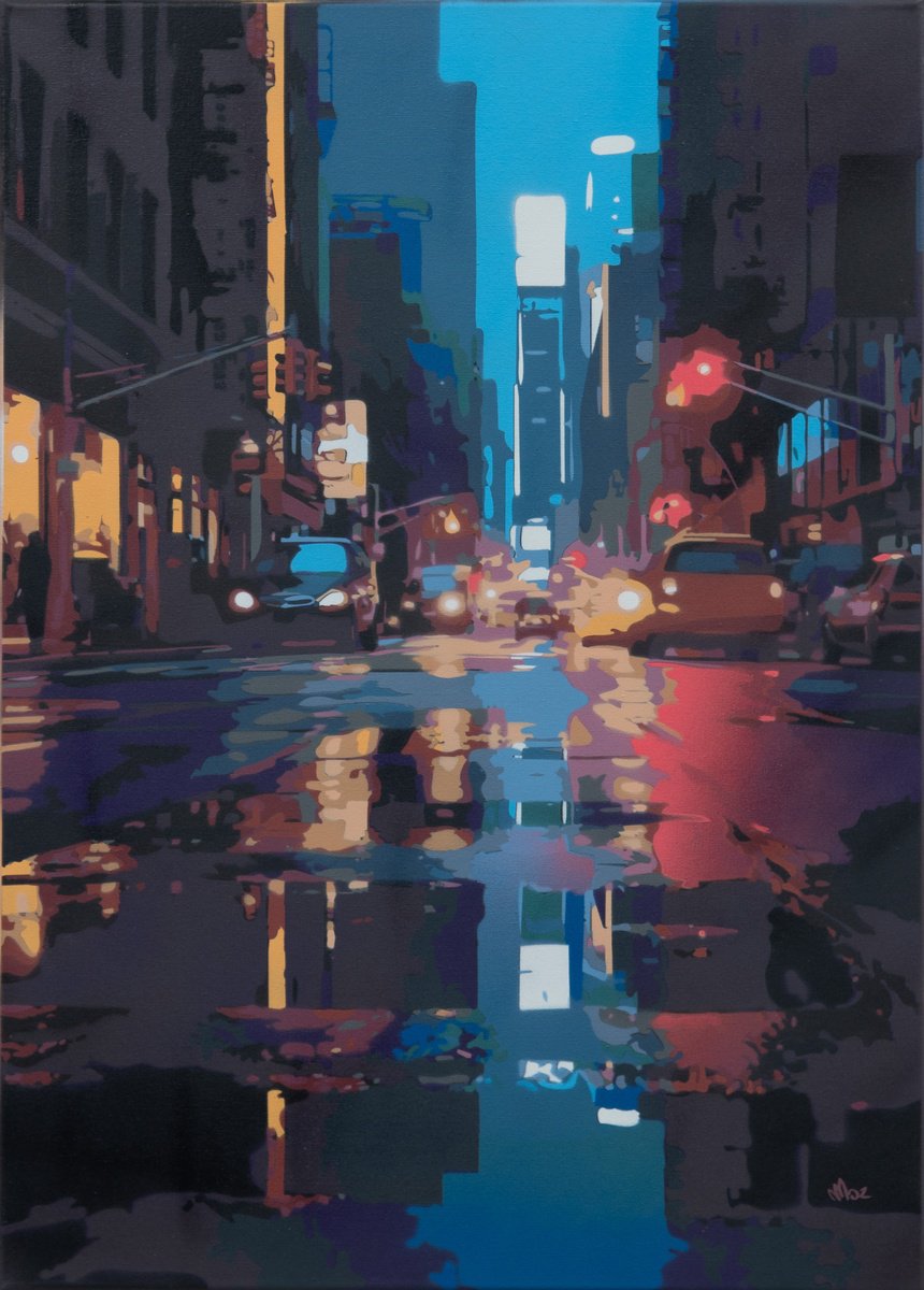 Impressionistic Cityscapes Painting By Marco Barberio, 20 X 28", New York City Rain #4, Original Artwork