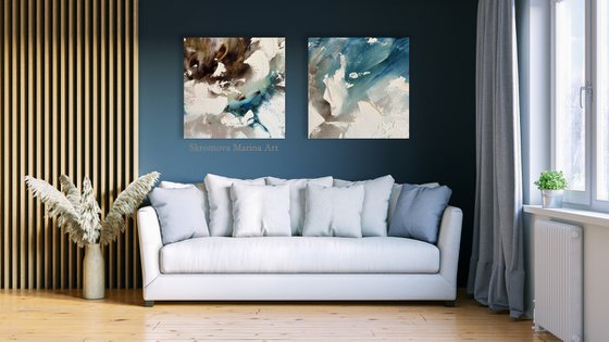 FLOWERING WORLDS - Set of 2 abstractions. White peony. 3D flower. Designer panel. Floral patterns. Indigo. Gradient.