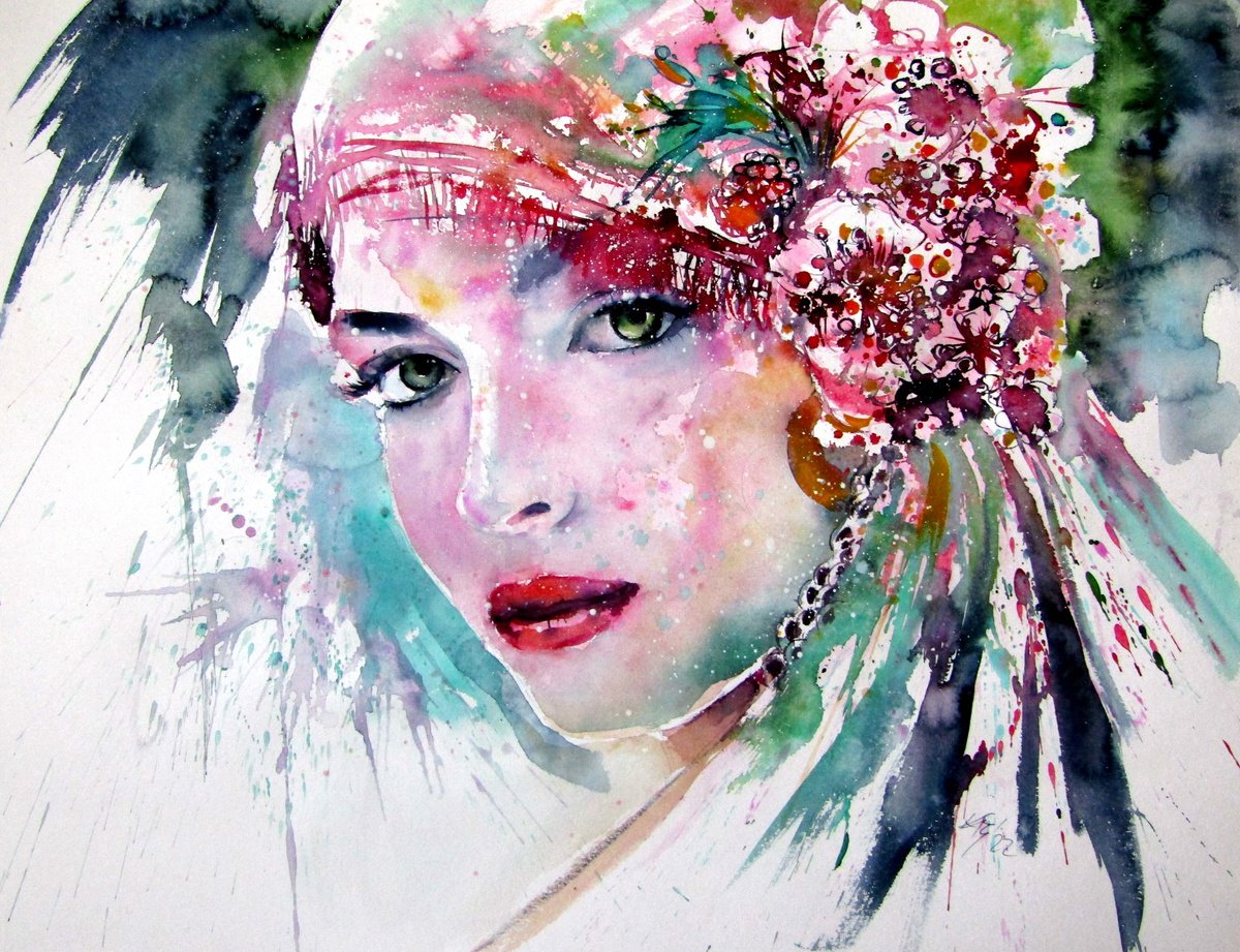 Impressionistic Watercolour , Beauty With Flowers By Kovacs Anna Brigitta, 26 X 20, Artwork For Sale On Artfinder