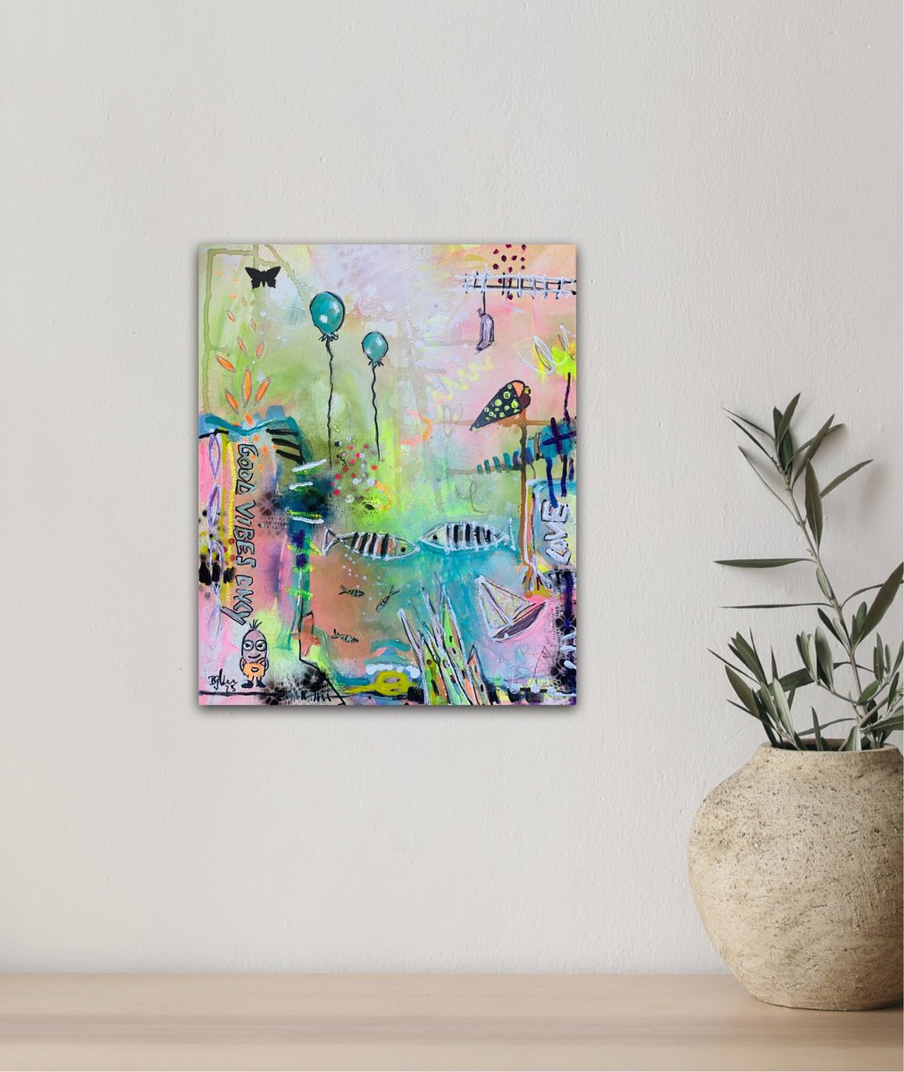 Urban And Pop Abstract Acrylic Painting By Bea Schubert, 15 X 18, Good Vibes Only No.9, Original Artwork